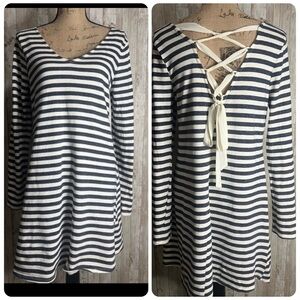🐺By & By Blue and White Striped V-Neck Dress